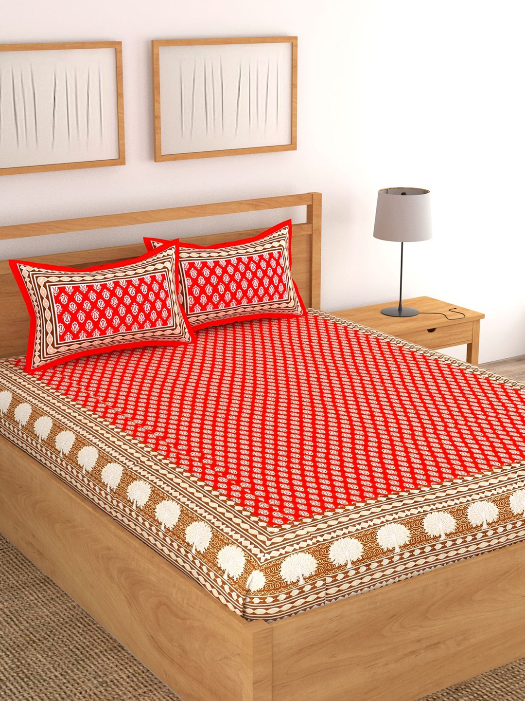 

Lali Prints Jaipuri Red & White Printed Cotton 130 TC Queen Bedsheet with 2 Pillow Covers