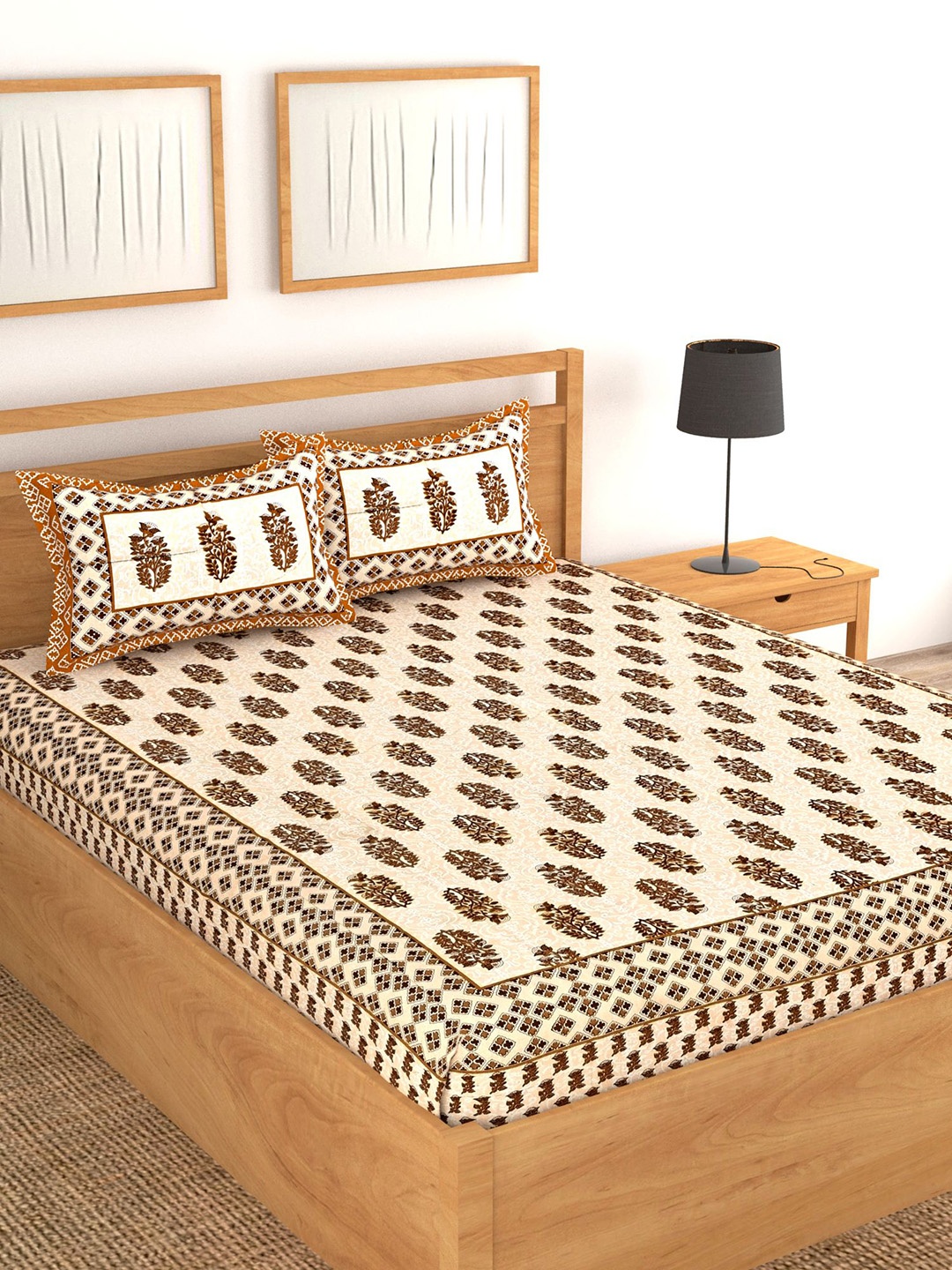 

Lali Prints White & Brown Ethnic Motifs Cotton 130 TC Queen Bedsheet with 2 Pillow Covers