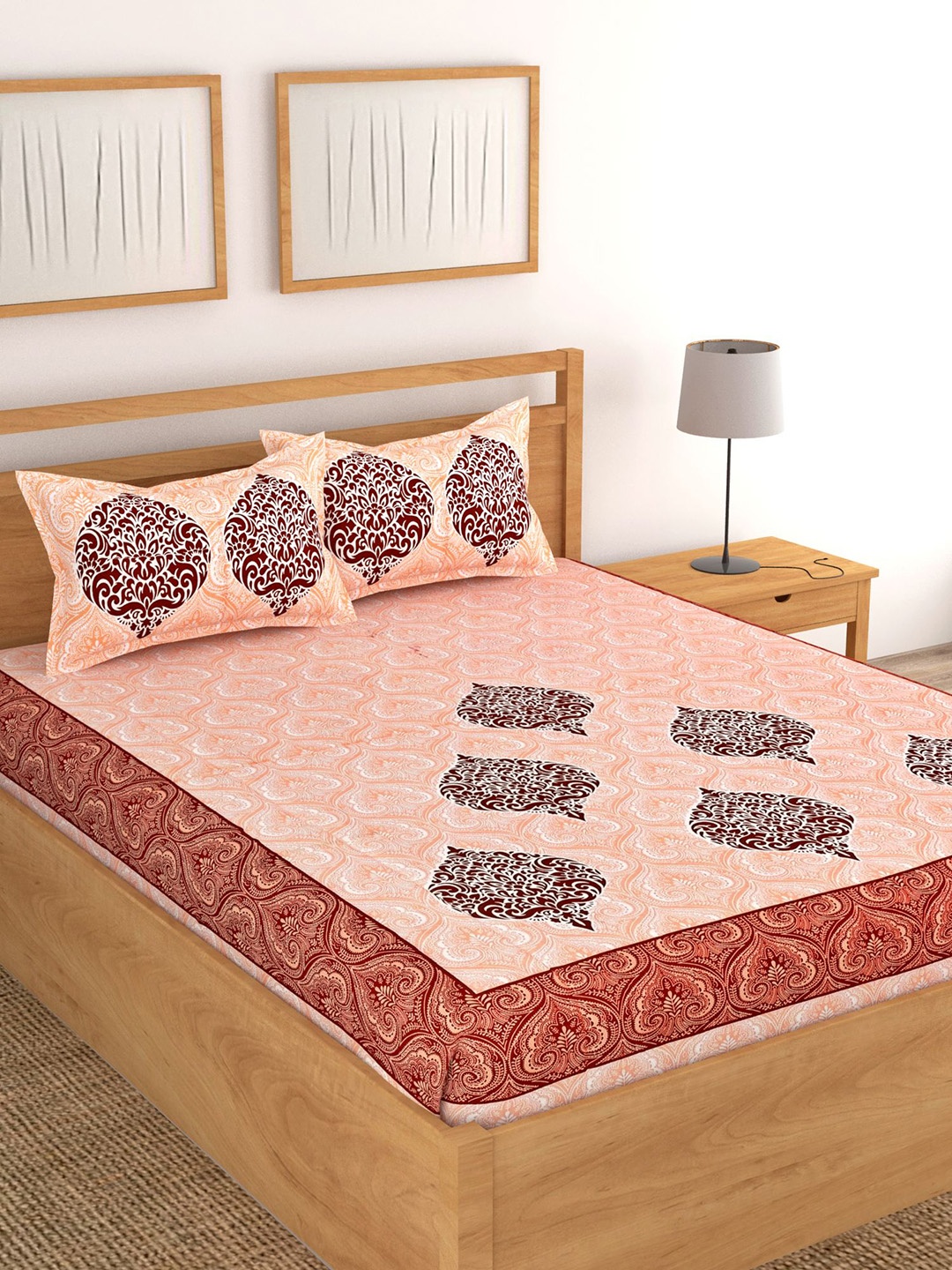 

Lali Prints Jaipuri Pink & Maroon Ethnic Motifs 130 TC Queen Bedsheet With 2 Pillow Covers