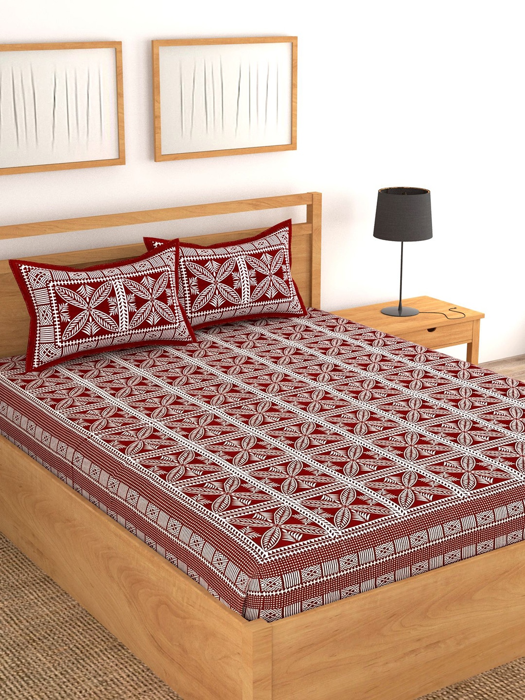 

Lali Prints Jaipuri Maroon Printed Cotton 130 TC Queen Bedsheet with 2 Pillow Covers