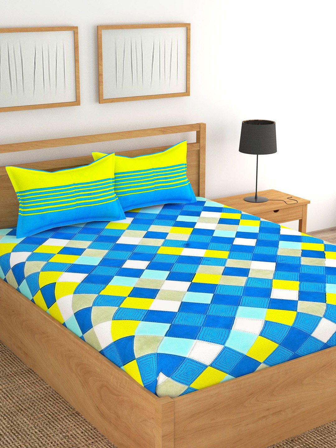 

Lali Prints Green & Blue Printed Cotton 130 TC Queen Bedsheet With 2 Pillow Covers