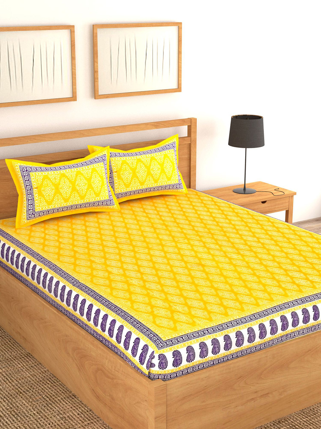 

Lali Prints Jaipuri Yellow Printed Cotton 130 TC Queen Bedsheet with 2 Pillow Covers