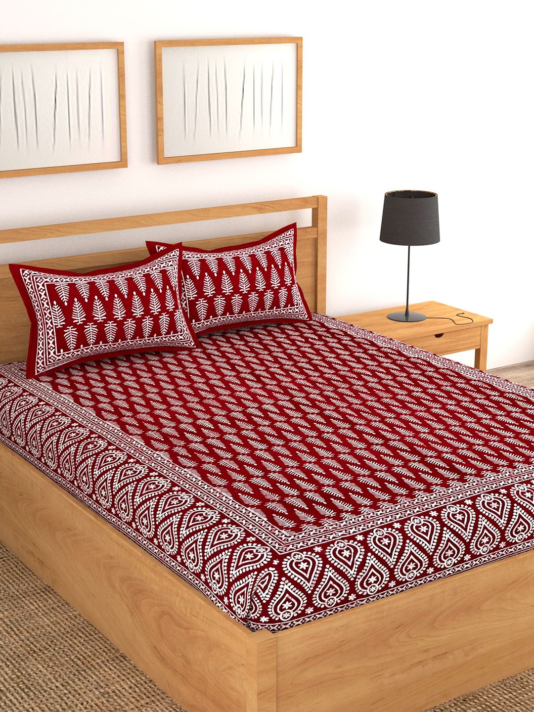 

Lali Prints Maroon & White Printed Cotton 130 TC Queen Bedsheet With 2 Pillow Covers