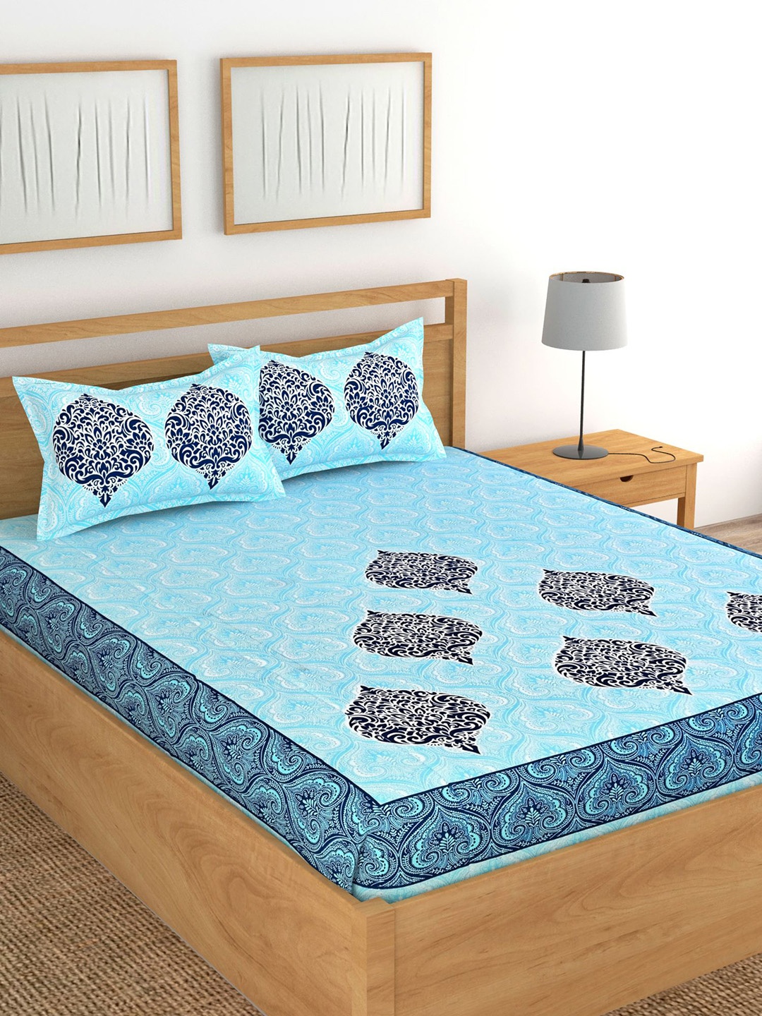 

Lali Prints Jaipuri Blue Ethnic Motifs Cotton 130 TC Queen Bedsheet & 2 Pillow Covers