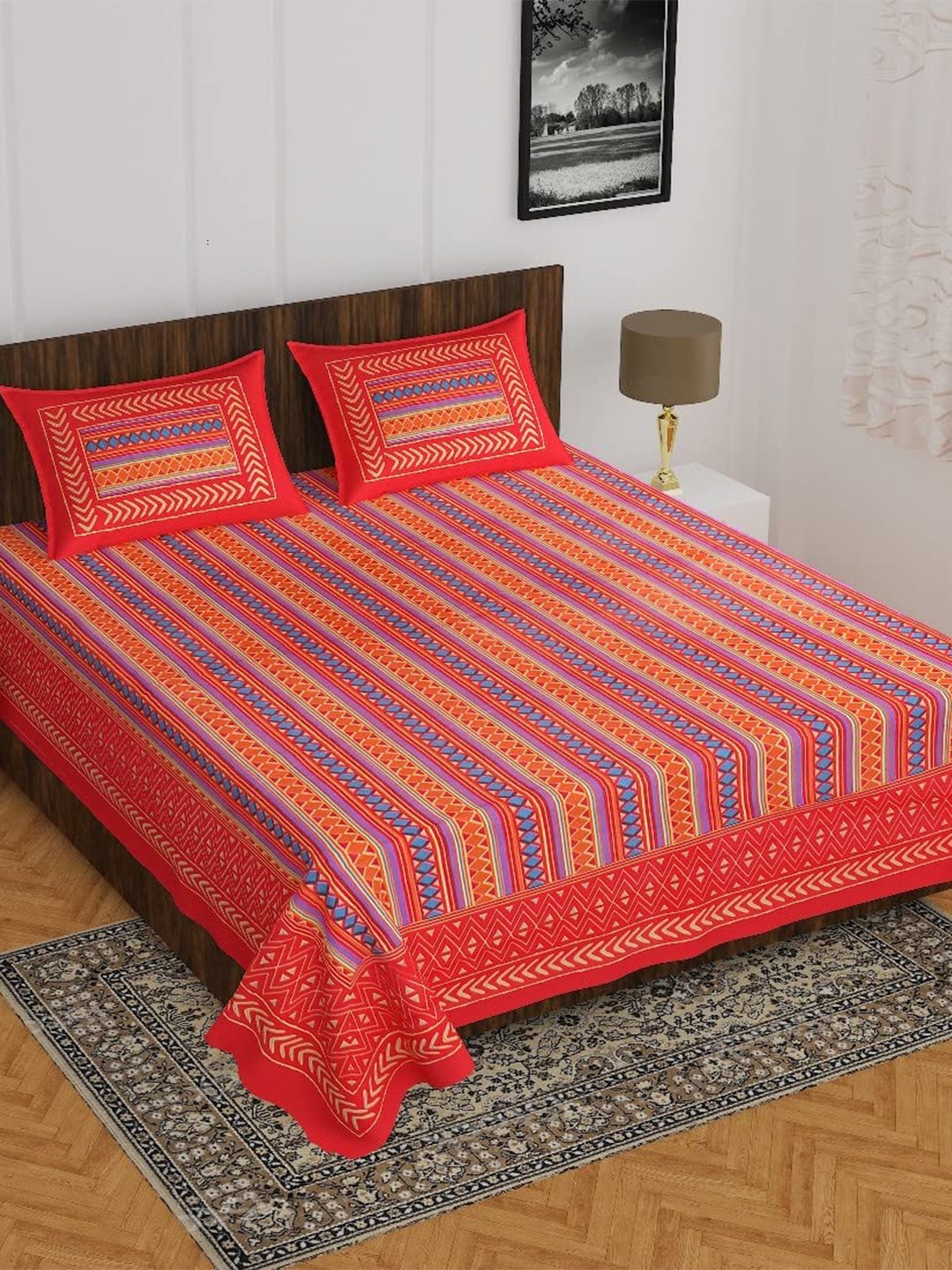 

Lali Prints Red & Yellow Geometric Cotton 130 TC Queen Bedsheet with 2 Pillow Covers