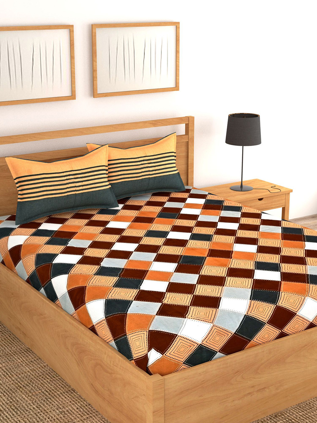 

Lali Prints Jaipuri Brown & White Geometric Cotton 130 TC Queen Bedsheet & 2 Pillow Covers