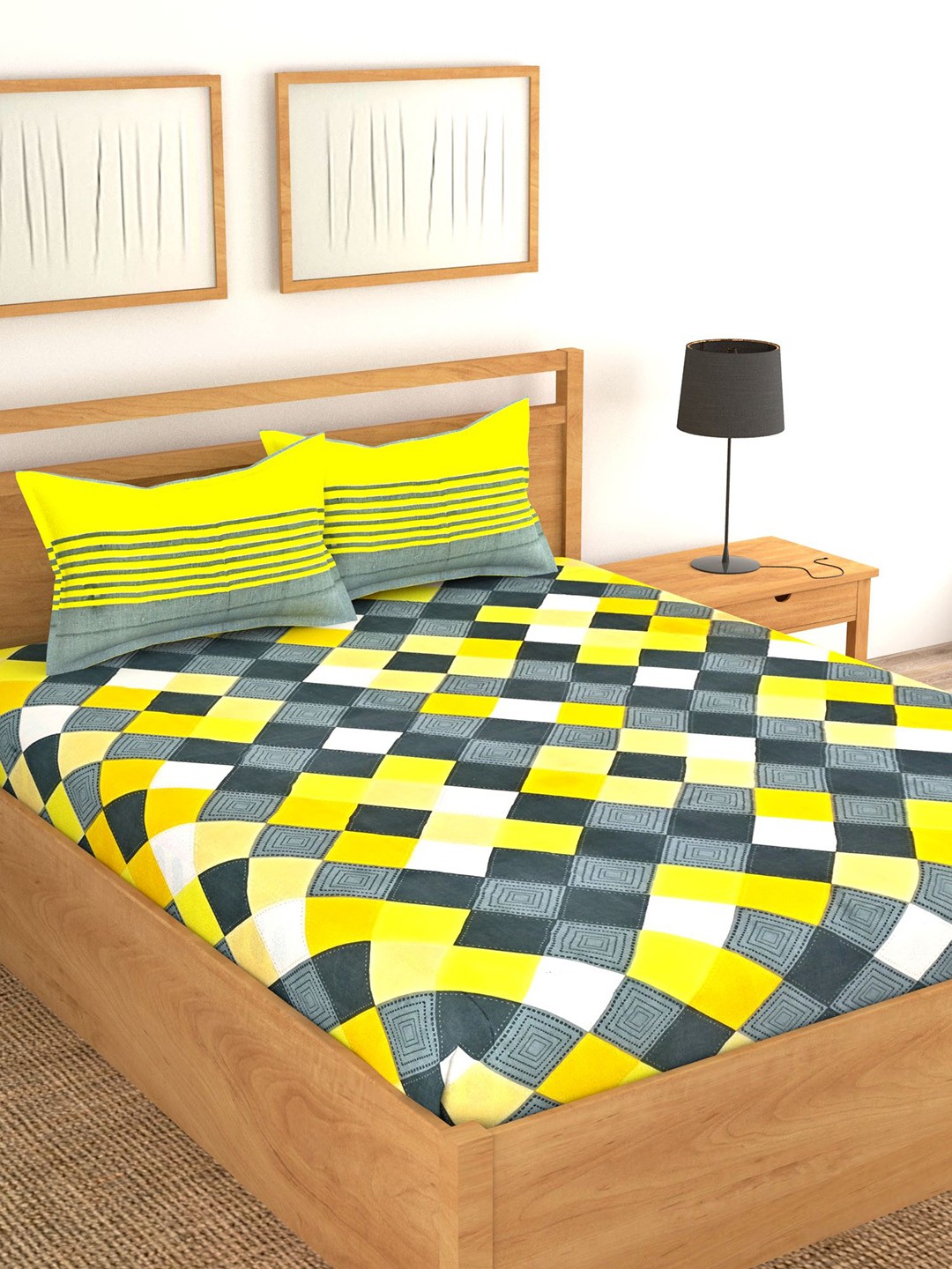 

Lali Prints Yellow & Grey Geometric Cotton 130 TC Queen Bedsheet with 2 Pillow Covers