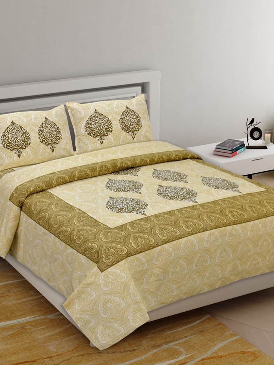 

Lali Prints Olive Green Ethnic Motifs Cotton 130 TC Queen Bedsheet & 2 Pillow Covers