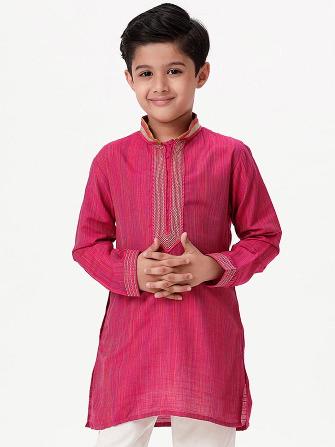 

Ramraj Boys Mandarin Collar Woven Design Thread Work Straight Kurta, Pink