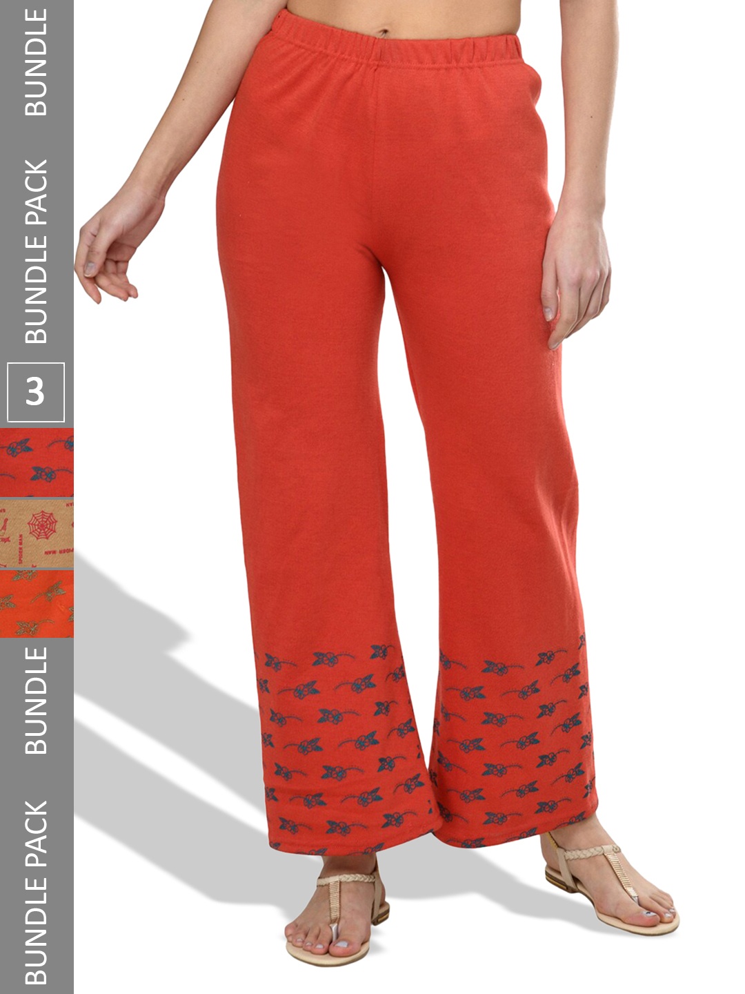 

IndiWeaves Pack Of 3 Printed Mid-Rise Straight Fit Palazzos, Orange