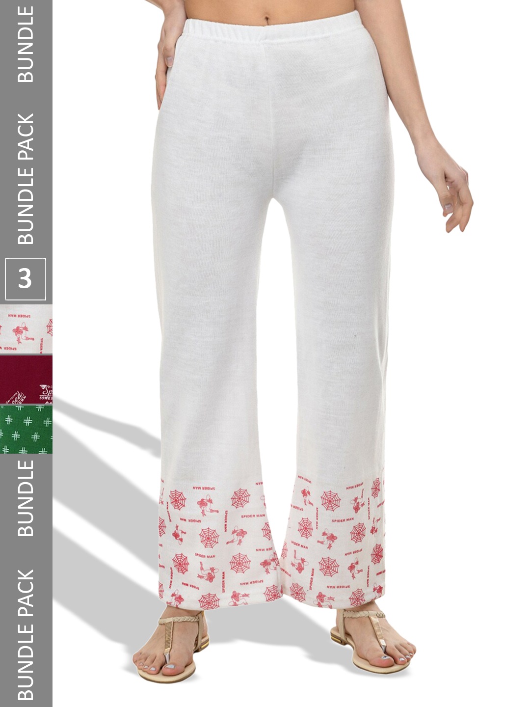 

IndiWeaves Pack of 3 Abstract Hem Design Acrylic Straight Fit Palazzos, White
