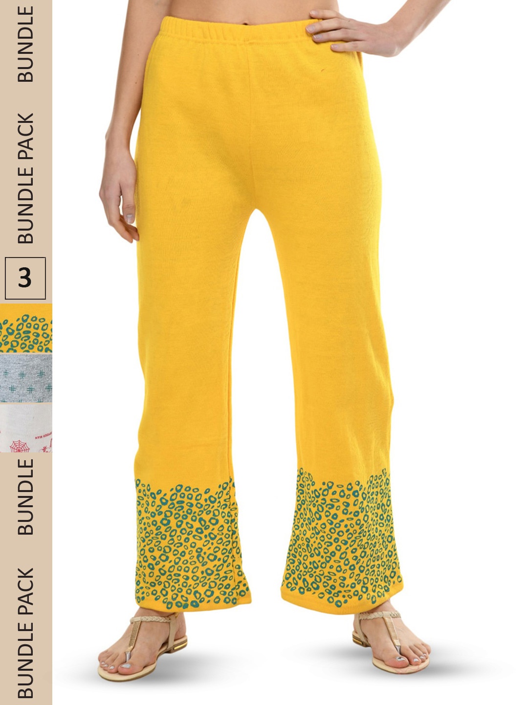 

IndiWeaves Pack of 3 Abstract Hem Design Acrylic Straight Fit Palazzos, Yellow