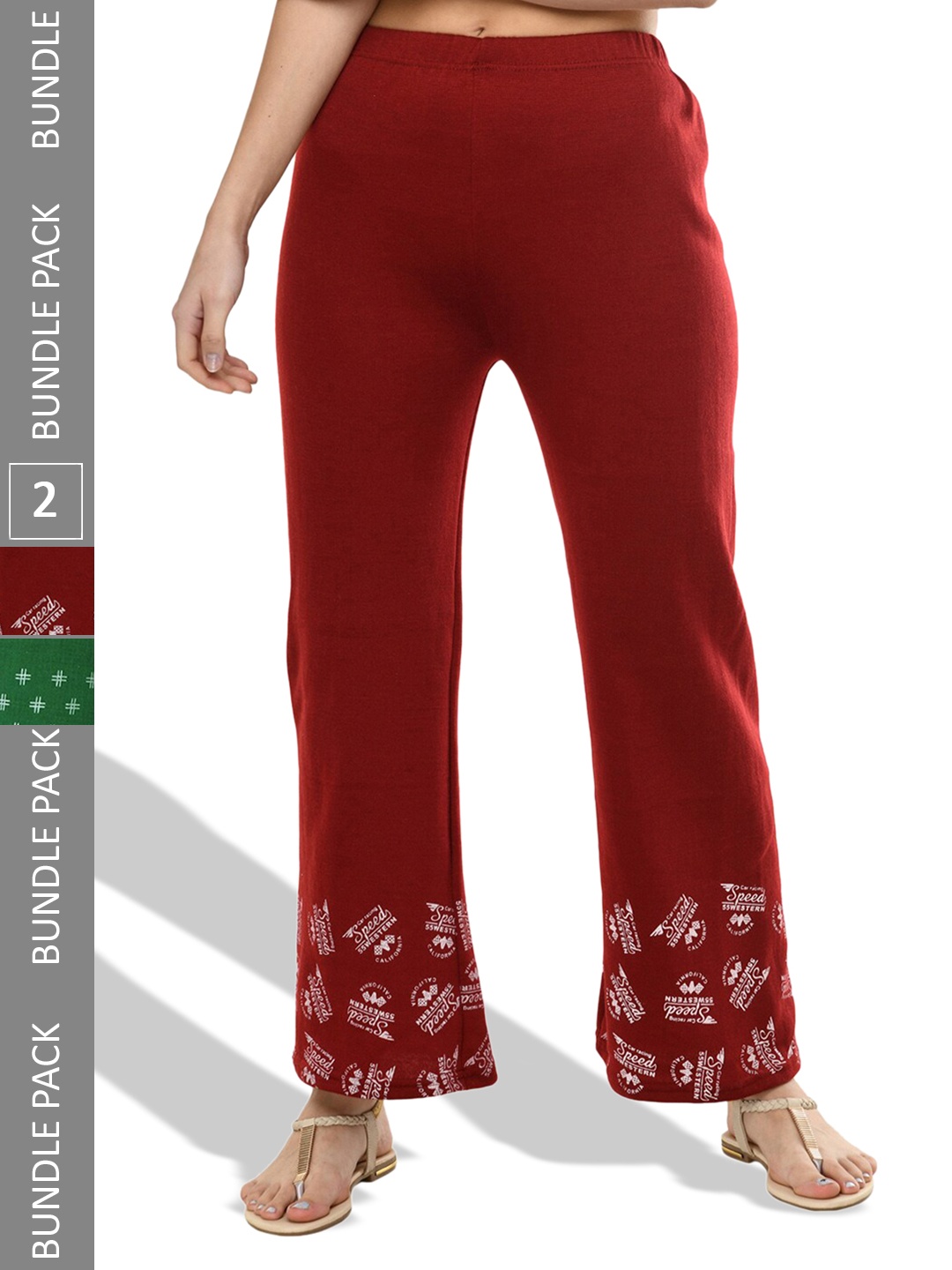 

IndiWeaves Pack Of 2 Abstract Hem Design Mid-Rise Straight-Fit Palazzos, Red