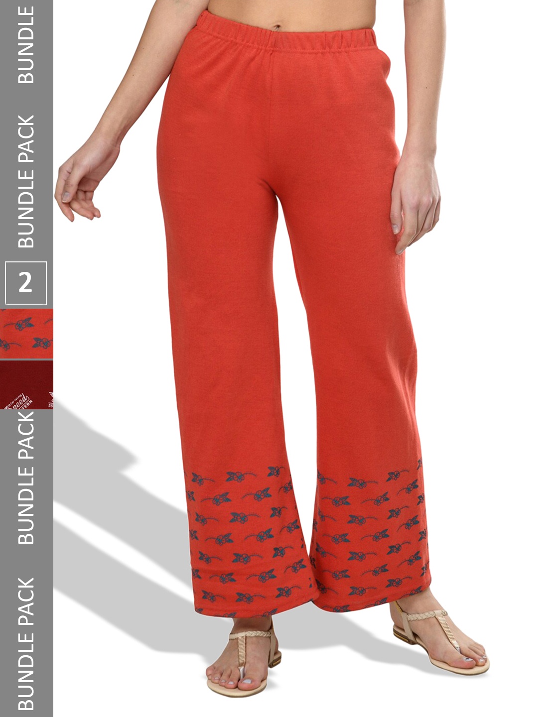 

IndiWeaves Pack Of 2 Floral Printed Straight Fit Palazzos, Orange