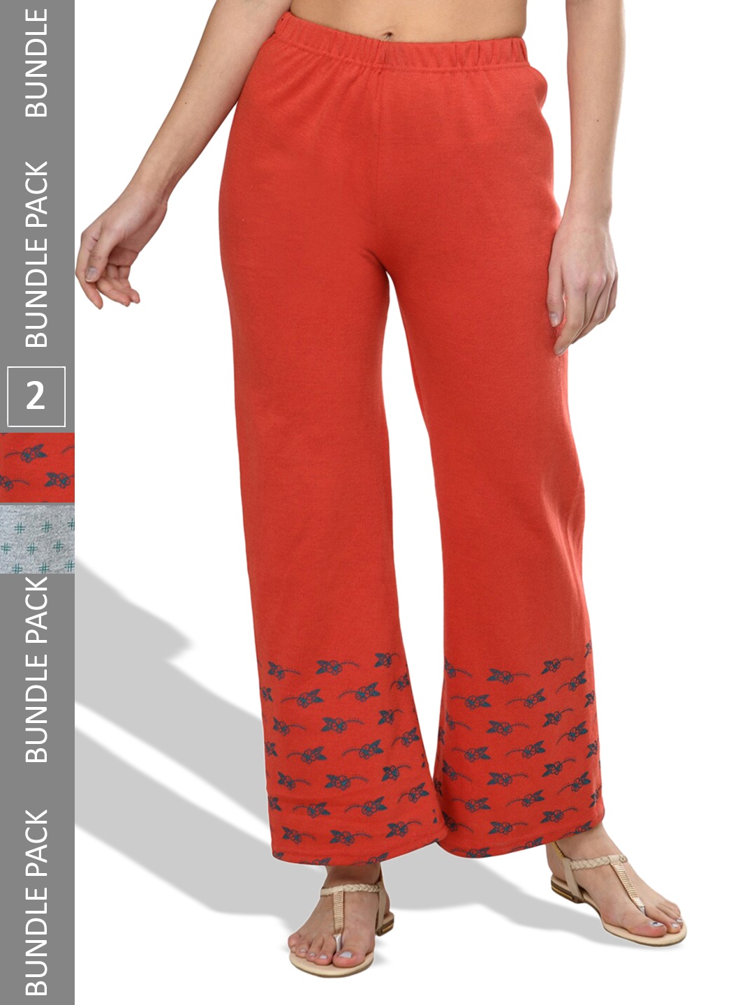 

IndiWeaves Pack Of 2 Hem Design Printed Straight Fit Knitted Palazzo, Red