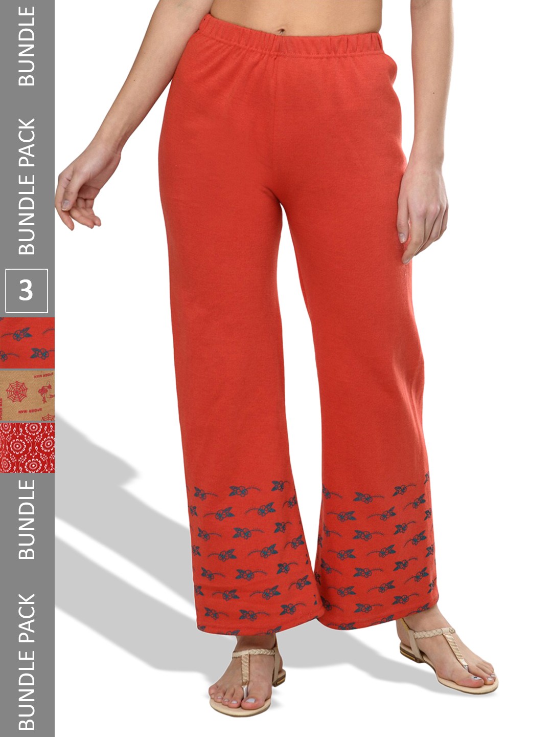 

IndiWeaves Pack Of 3 Hem Design Printed Straight Fit Knitted Palazzo, Red