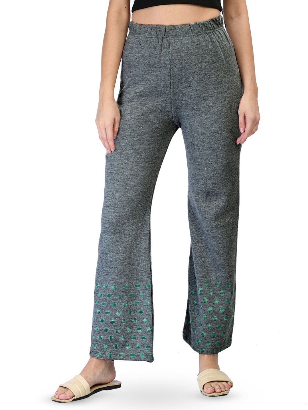

IndiWeaves Women Floral Hem Design Straight Fit Knitted Woolen Warm Palazzos, Grey