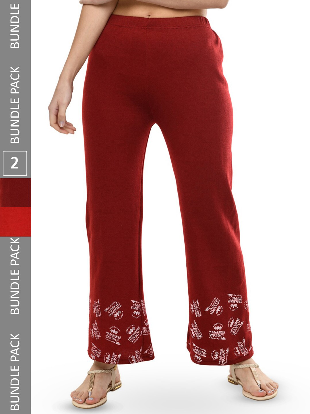 

IndiWeaves Pack Of 2 Printed Mid-Rise Straight Fit Palazzos, Red