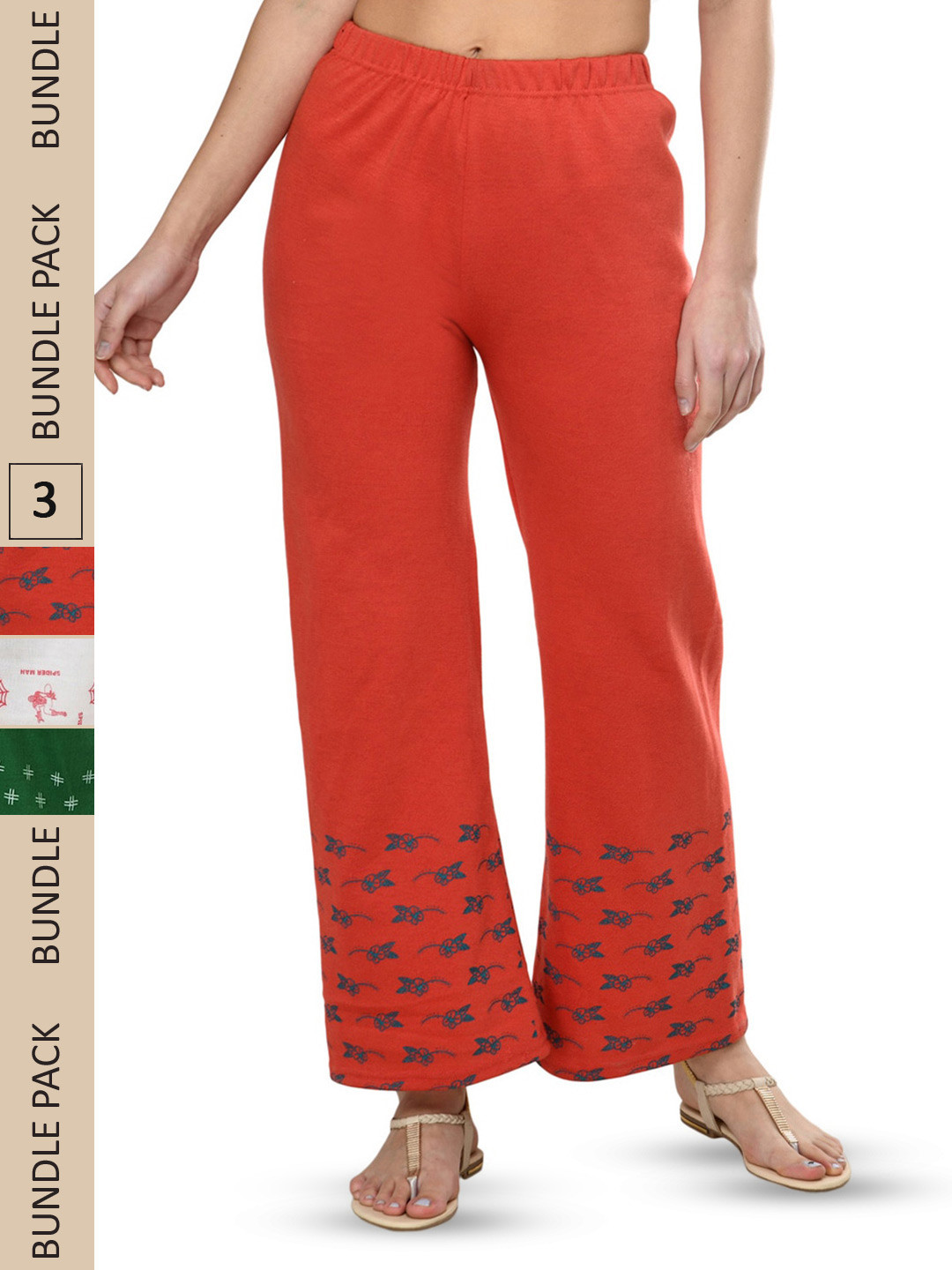 

IndiWeaves Pack of 3 Floral Hem Design Woolen Warm Palazzos, Red