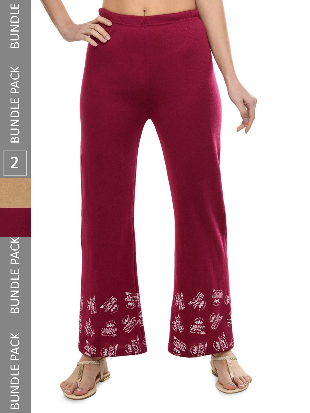 

IndiWeaves Women Pack Of 2 Hem Design Knitted Woolen Warm Palazzos, Maroon