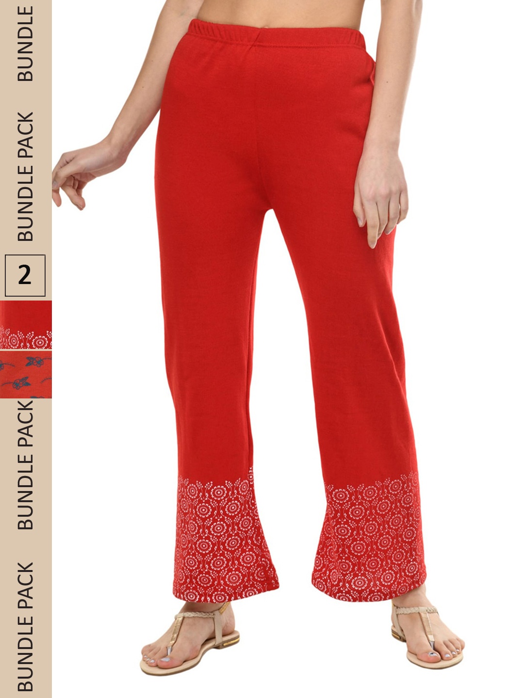 

IndiWeaves Pack Of 2 Printed Mid-Rise Straight Fit Palazzos, Red