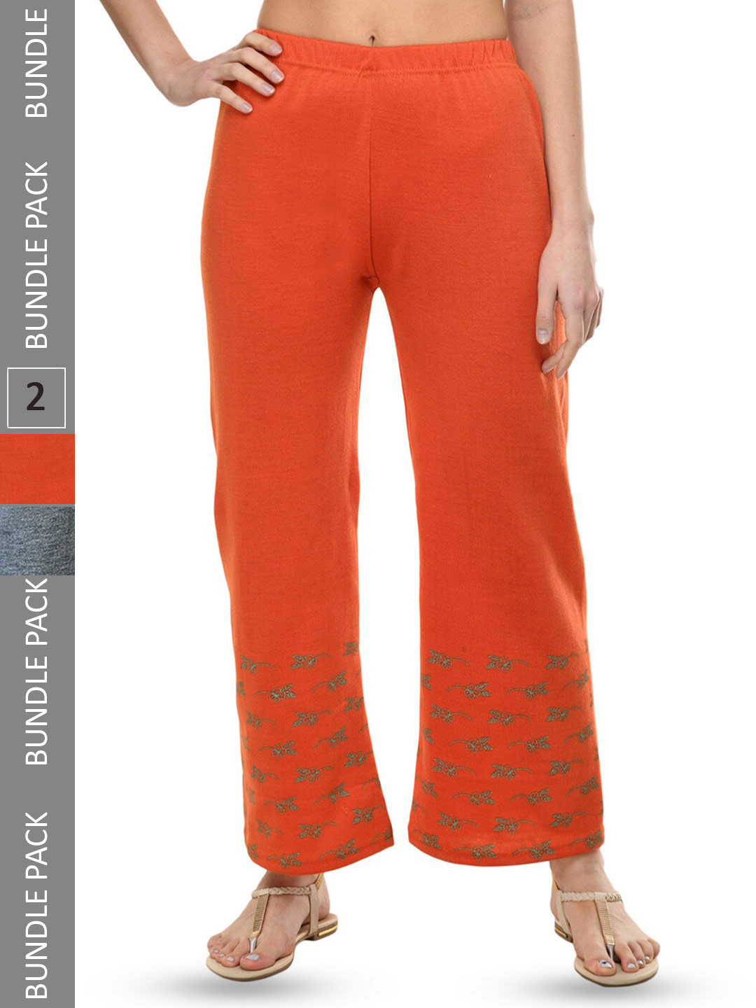

IndiWeaves Pack Of 2 Printed Straight Fit Palazzos, Orange