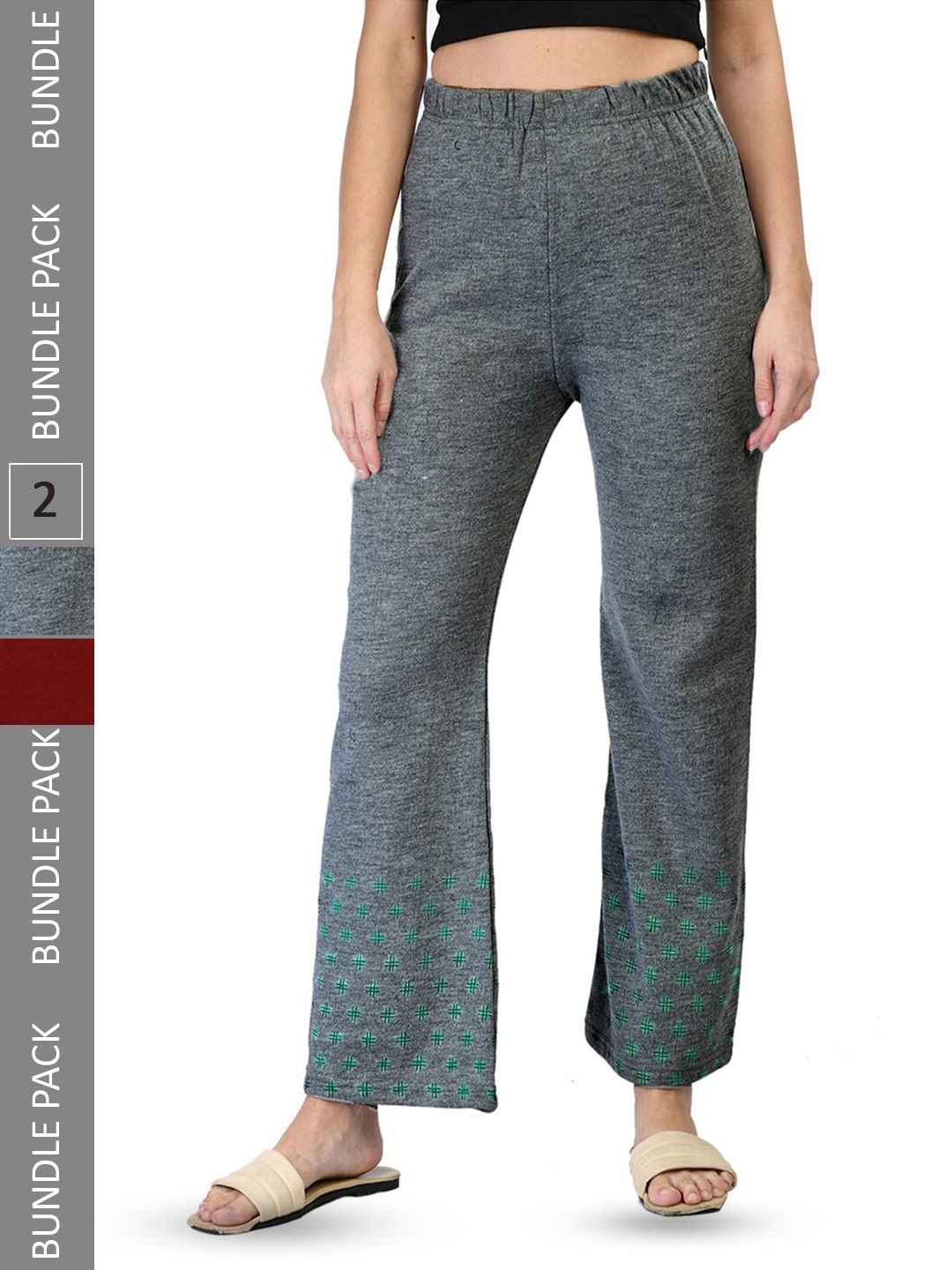 

IndiWeaves Pack Of 2 Printed Mid-Rise Straight Fit Palazzos, Grey