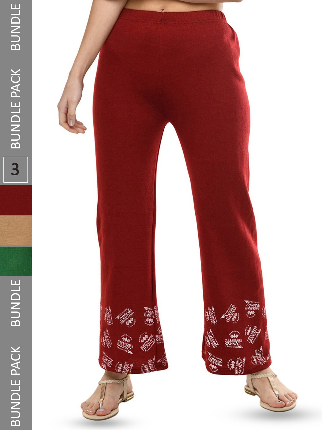 

IndiWeaves Pack Of 3 Hem Design Printed Straight Fit Palazzo, Maroon