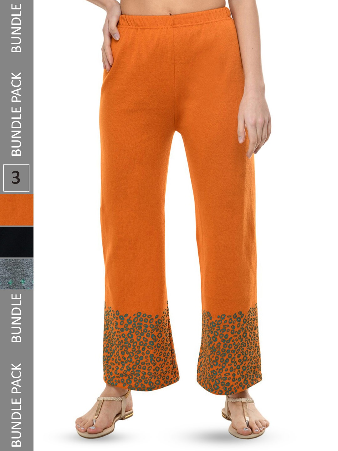 

IndiWeaves Pack of 3 Abstract Hem Design Acrylic Straight Fit Palazzos, Orange