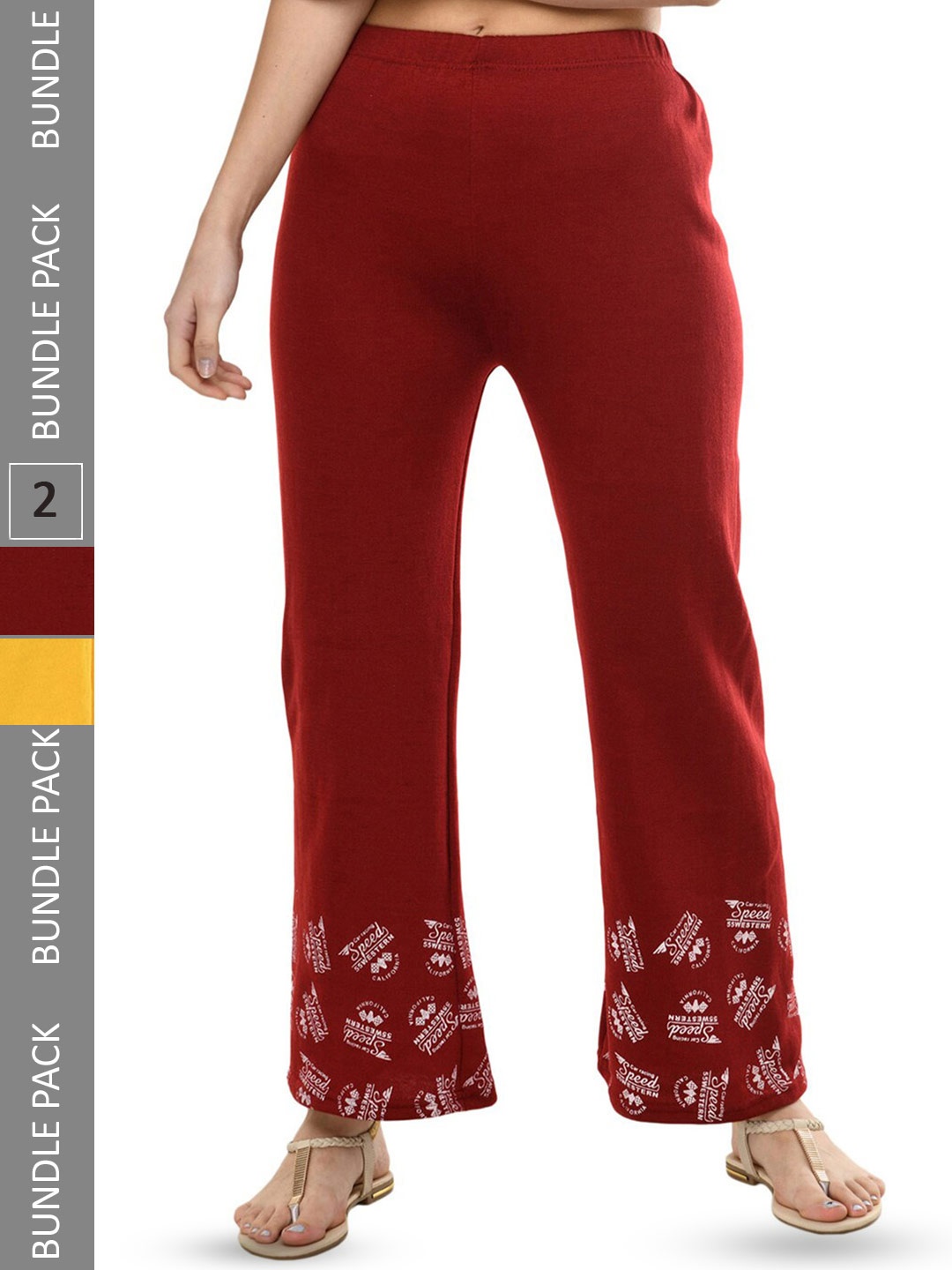 

IndiWeaves Women Pack Of 2 Hem Design Knitted Woolen Warm Palazzos, Maroon