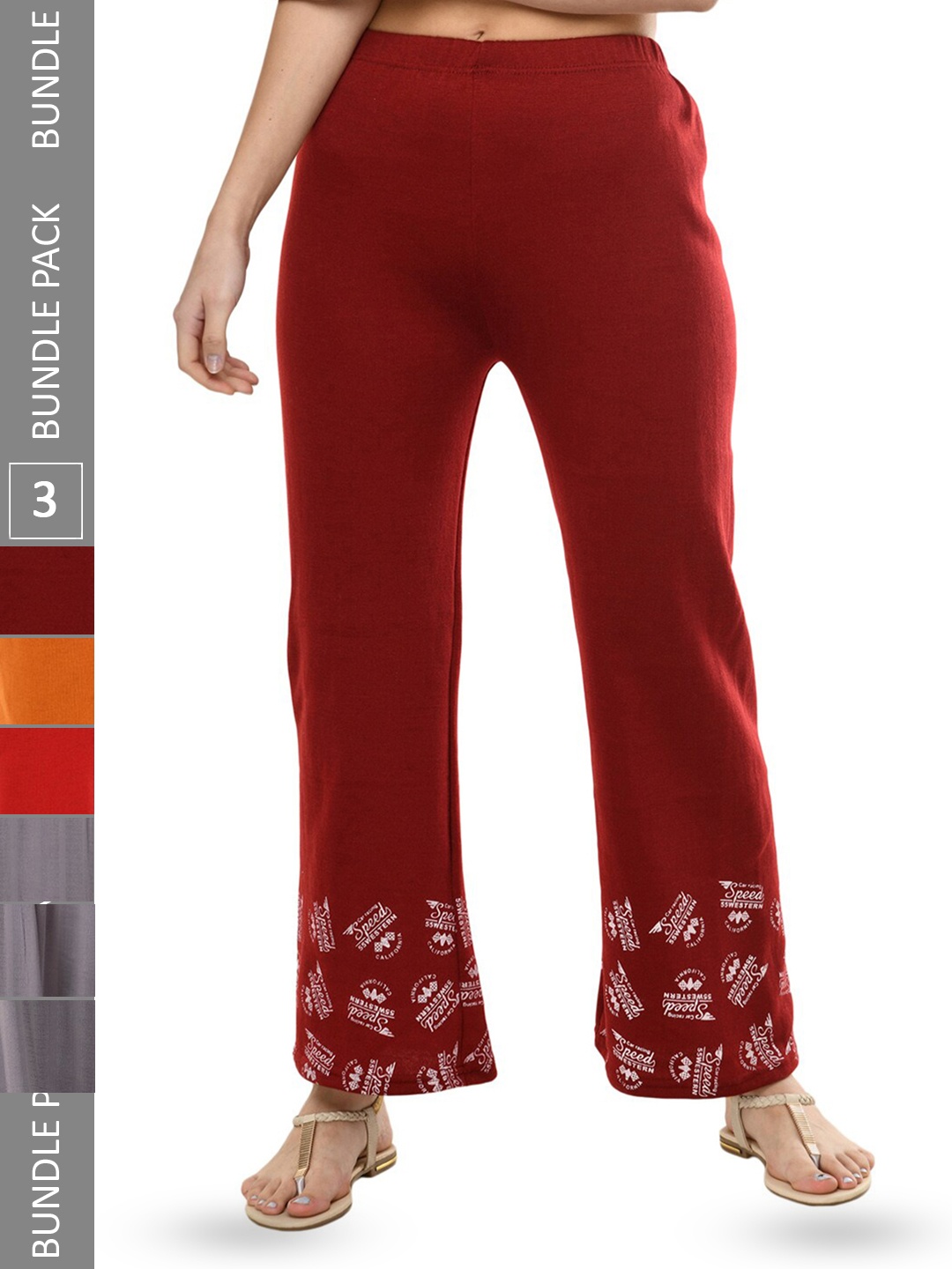 

IndiWeaves Pack Of 3 Hem Design Printed Straight Fit Knitted Palazzo, Maroon