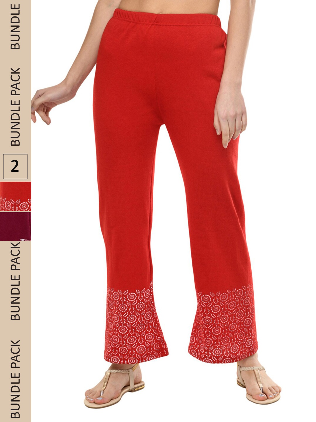 

IndiWeaves Pack Of 2 Printed Mid-Rise Straight Fit Palazzos, Red
