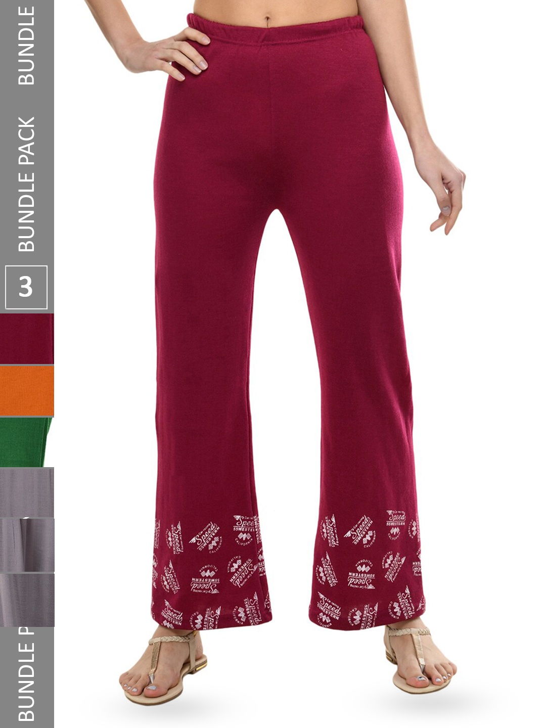 

IndiWeaves Pack Of 3 Hem Design Printed Wide Leg Knitted Palazzo, Maroon