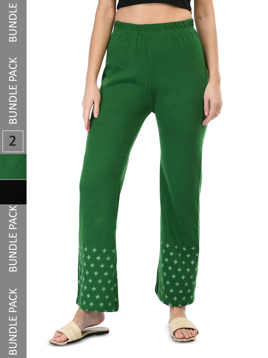 

IndiWeaves Women Pack Of 2 Hem Design Knitted Woolen Warm Palazzos, Green