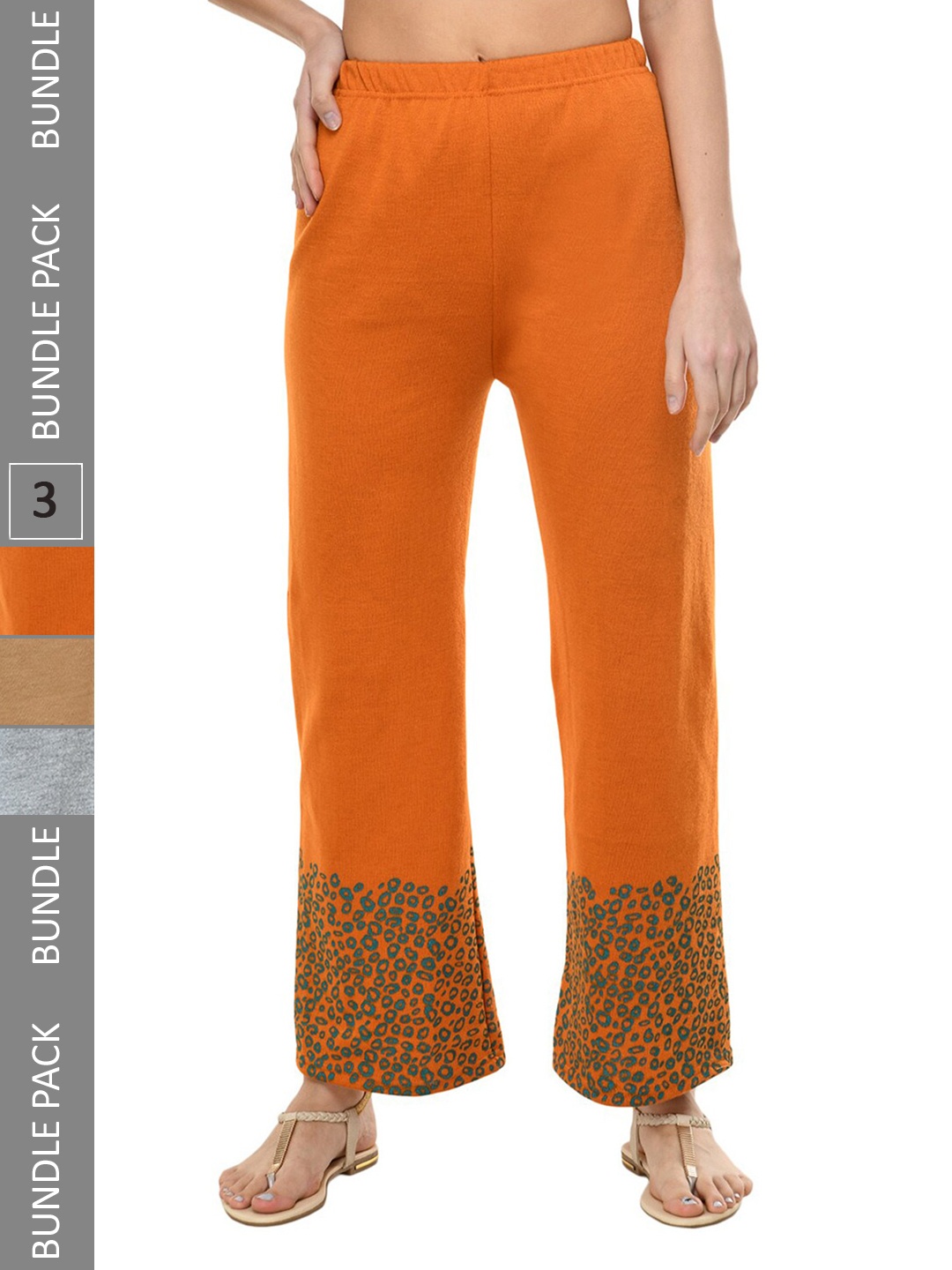 

IndiWeaves Pack Of 3 Abstract Printed Acrylic Straight Fit Palazzos, Orange