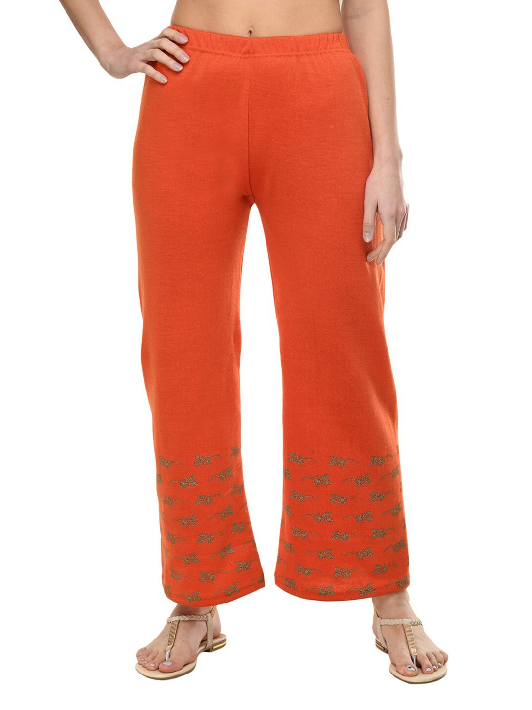 

IndiWeaves Floral Hem Design Woolen Warm Palazzo, Orange