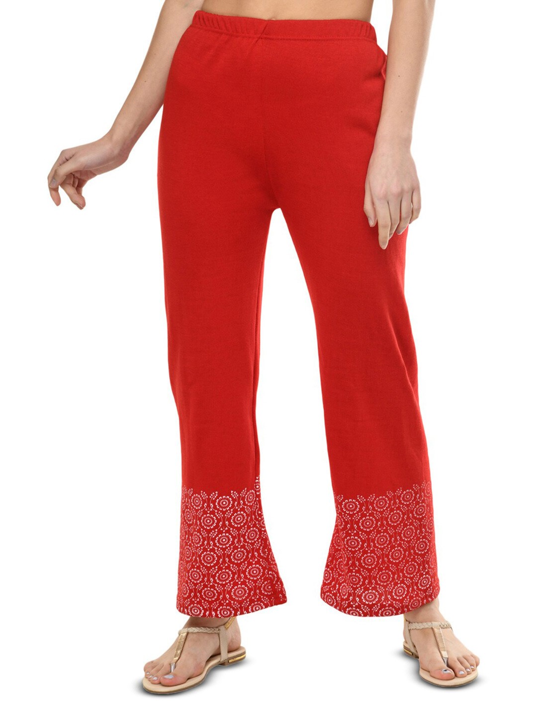 

IndiWeaves Floral Hem Design Knitted Wool Palazzos, Red