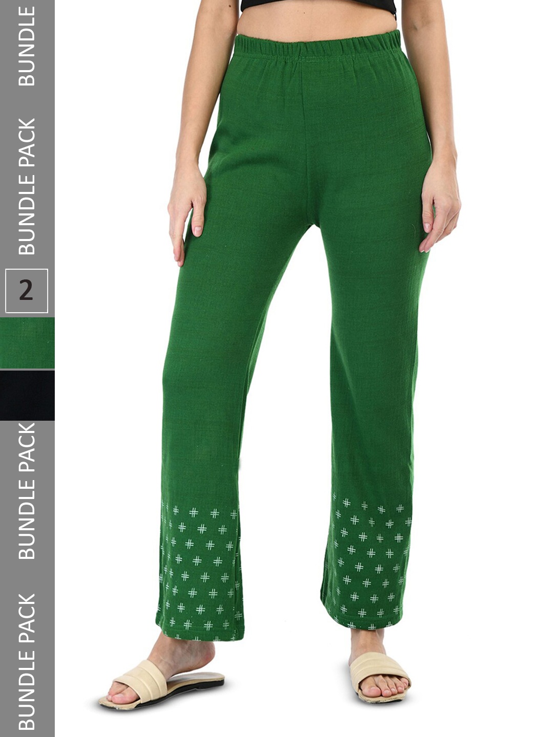 

IndiWeaves Pack Of 2 Polka Dot Hem Design Mid-Rise Straight-Fit Palazzos, Green