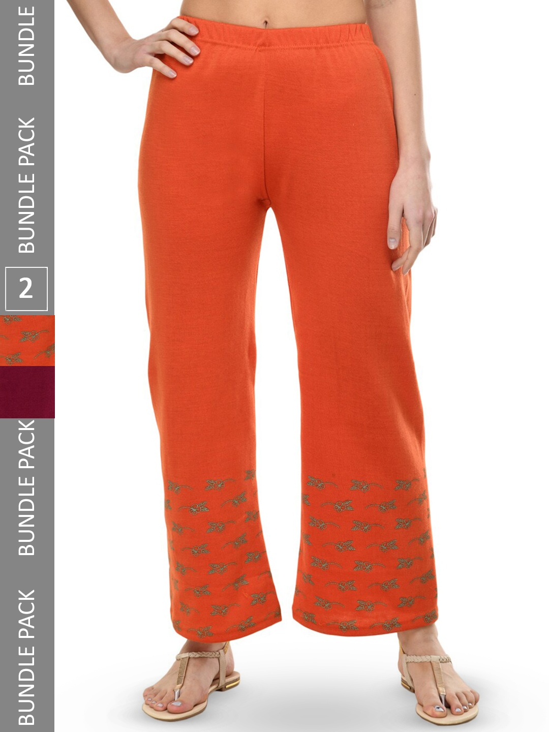 

IndiWeaves Pack Of 2 Printed Straight Fit Palazzos, Orange