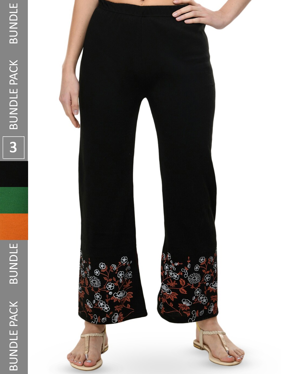 

IndiWeaves Pack Of 3 Floral Printed Acrylic Straight Fit Palazzos, Black