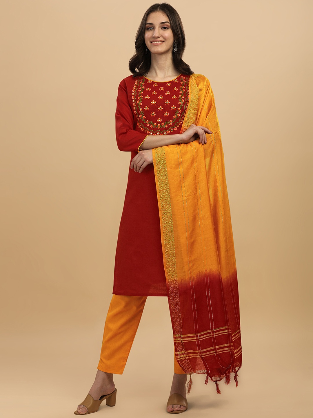 

KALINI Embroidered Regular Thread Work Kurta with Trousers & Dupatta, Maroon