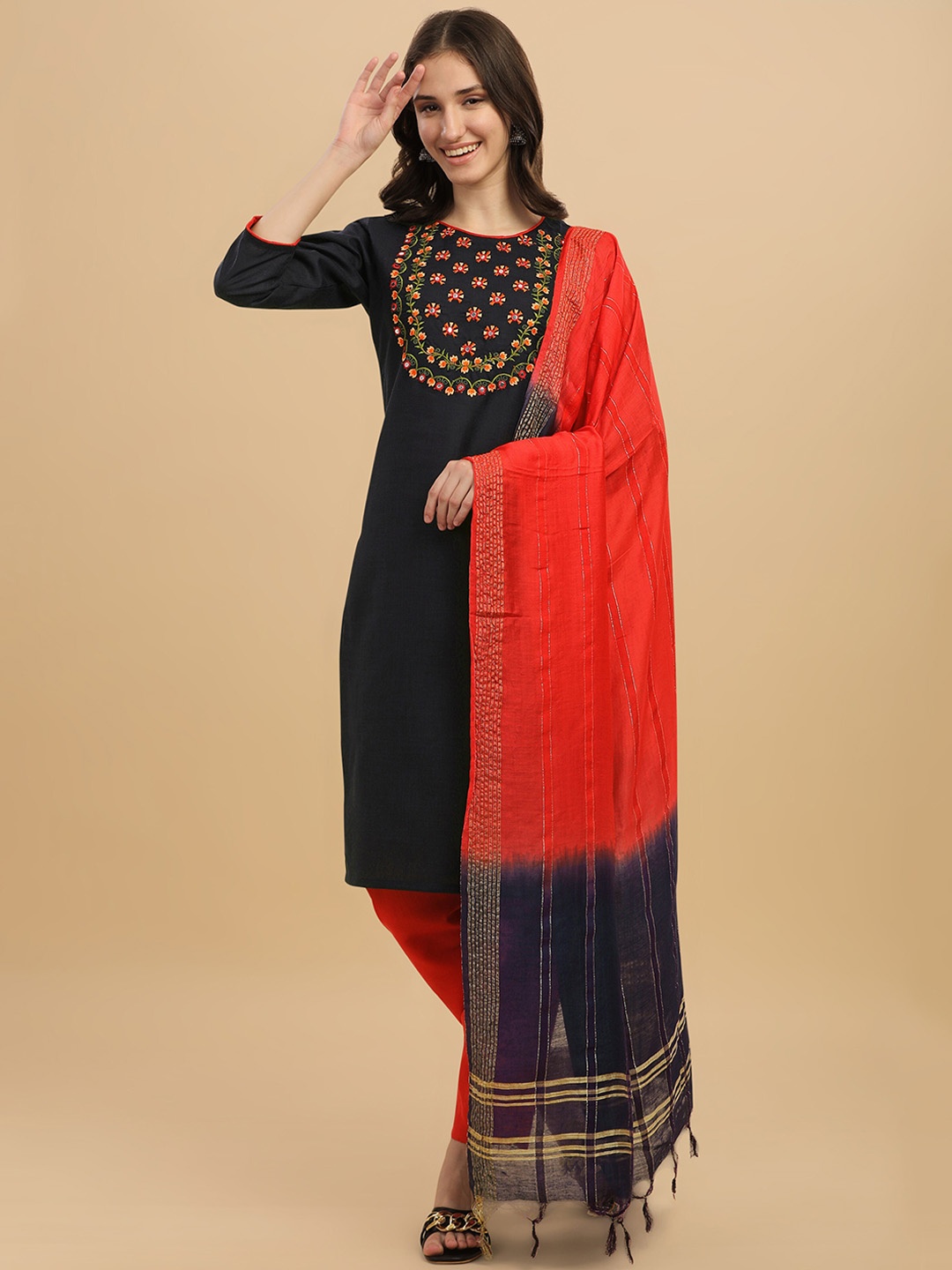 

KALINI Floral Yoke Design Thread Work Kurta With Trousers & Dupatta, Navy blue