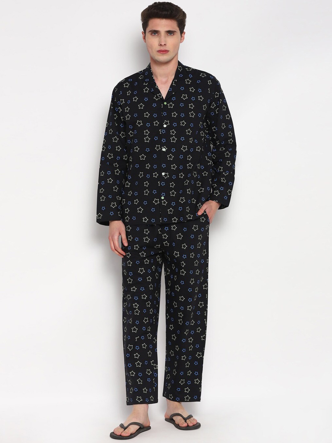 

shopbloom Men Geometric Printed Pure Cotton Shirt With Pyjamas, Black