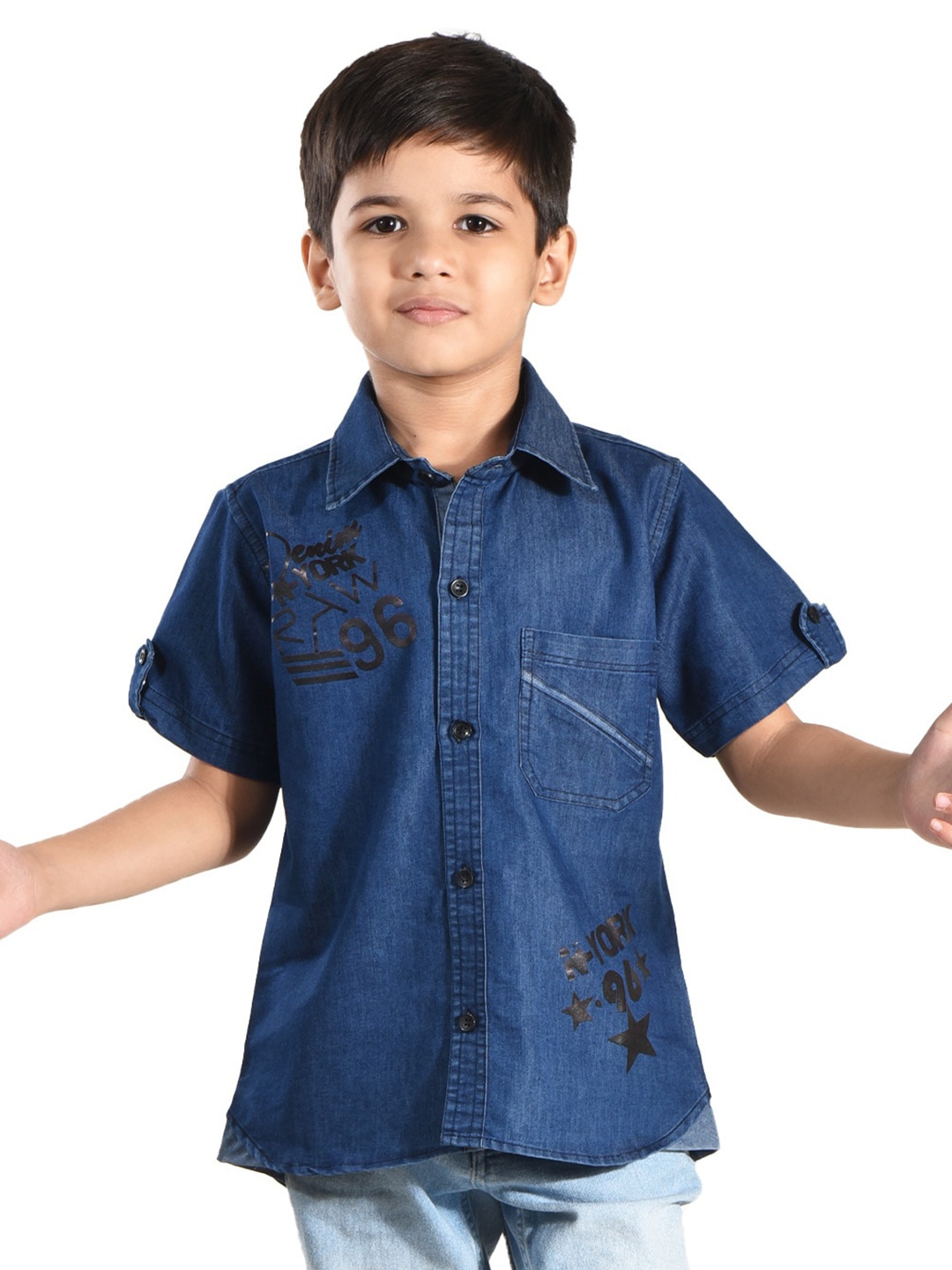 

POMY & JINNY Boys Typography Printed Denim Slim Fit Casual Shirt, Blue
