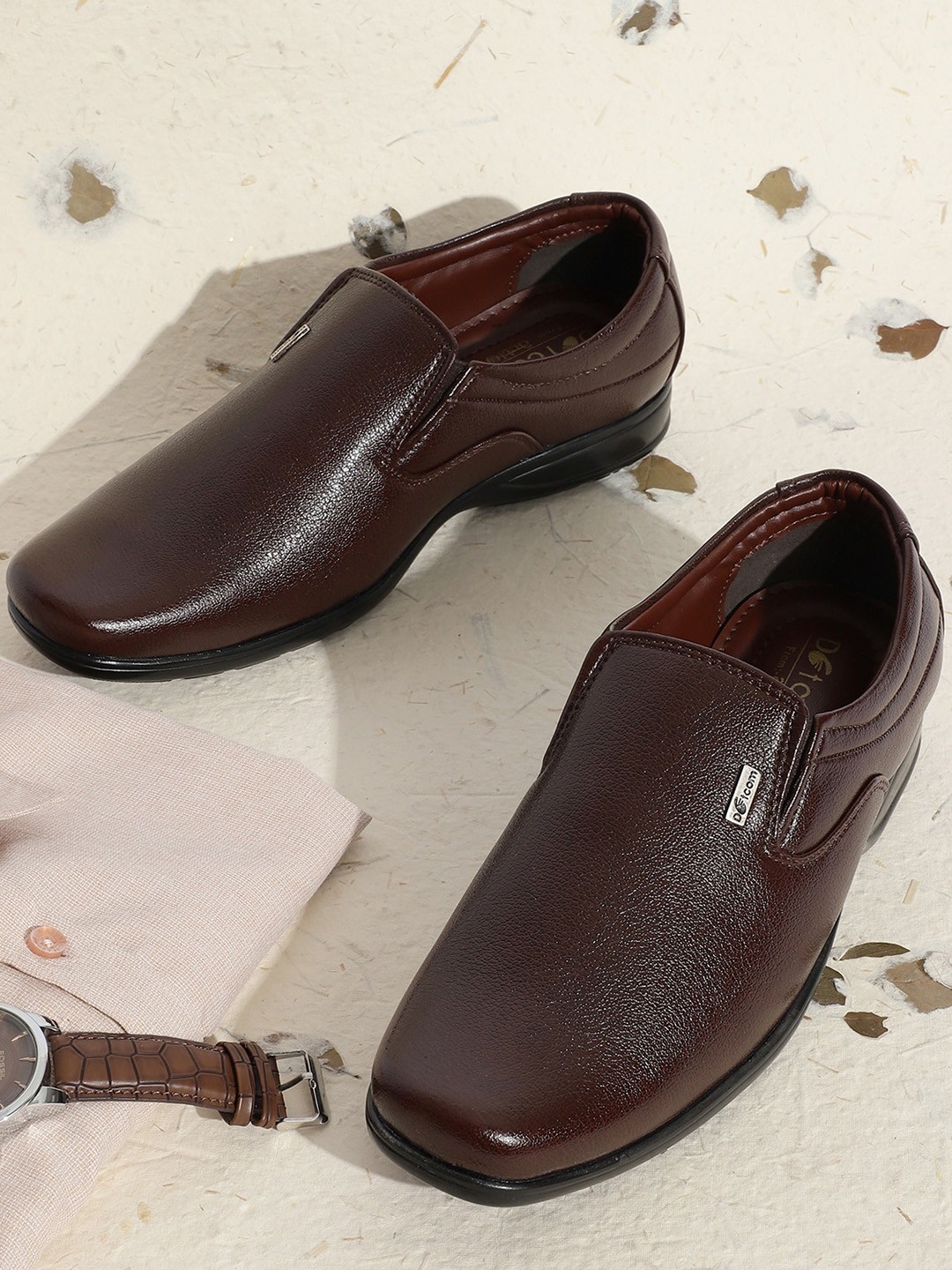 

Action Men DOTCOM Square Toe Textured Leather Formal Slip-On Shoes, Brown