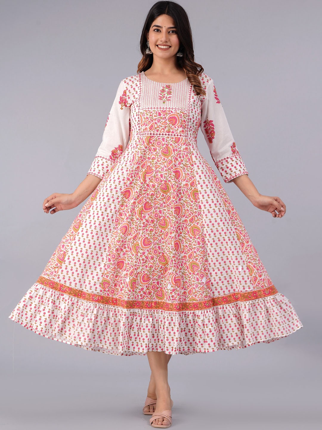 

PREKSHA Floral Printed Embellished Detail Ethnic Dress, Red