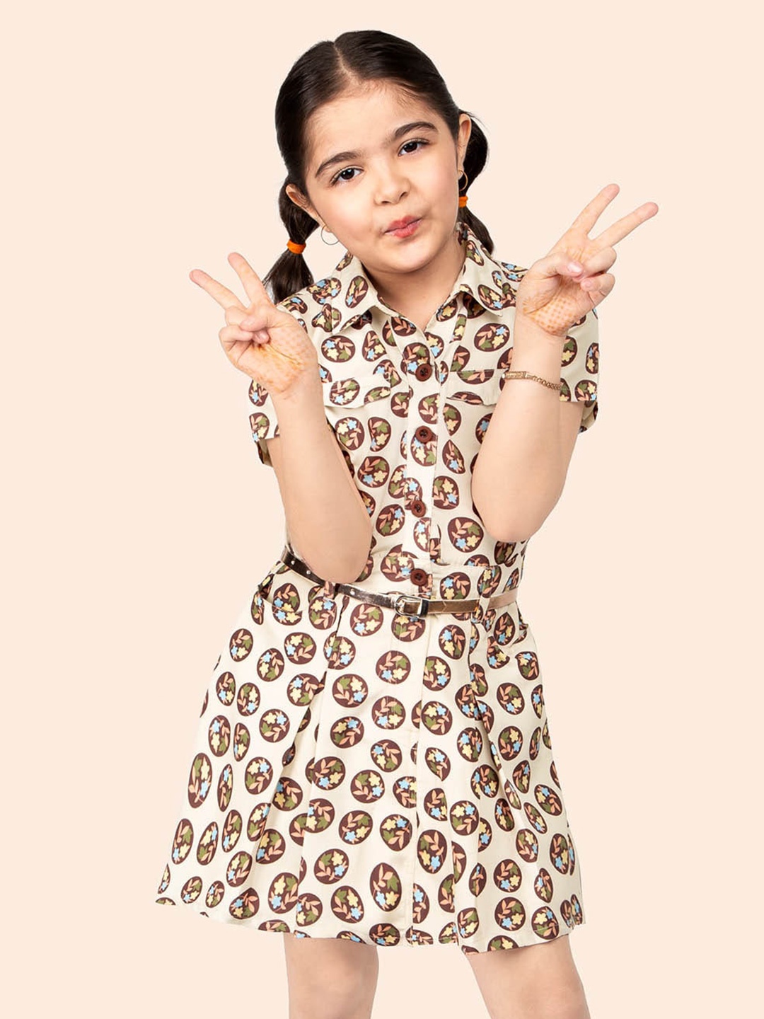 

Naughty Ninos Girl Floral Print Shirt Collar A-Line Fit & Flare Dress, Beige