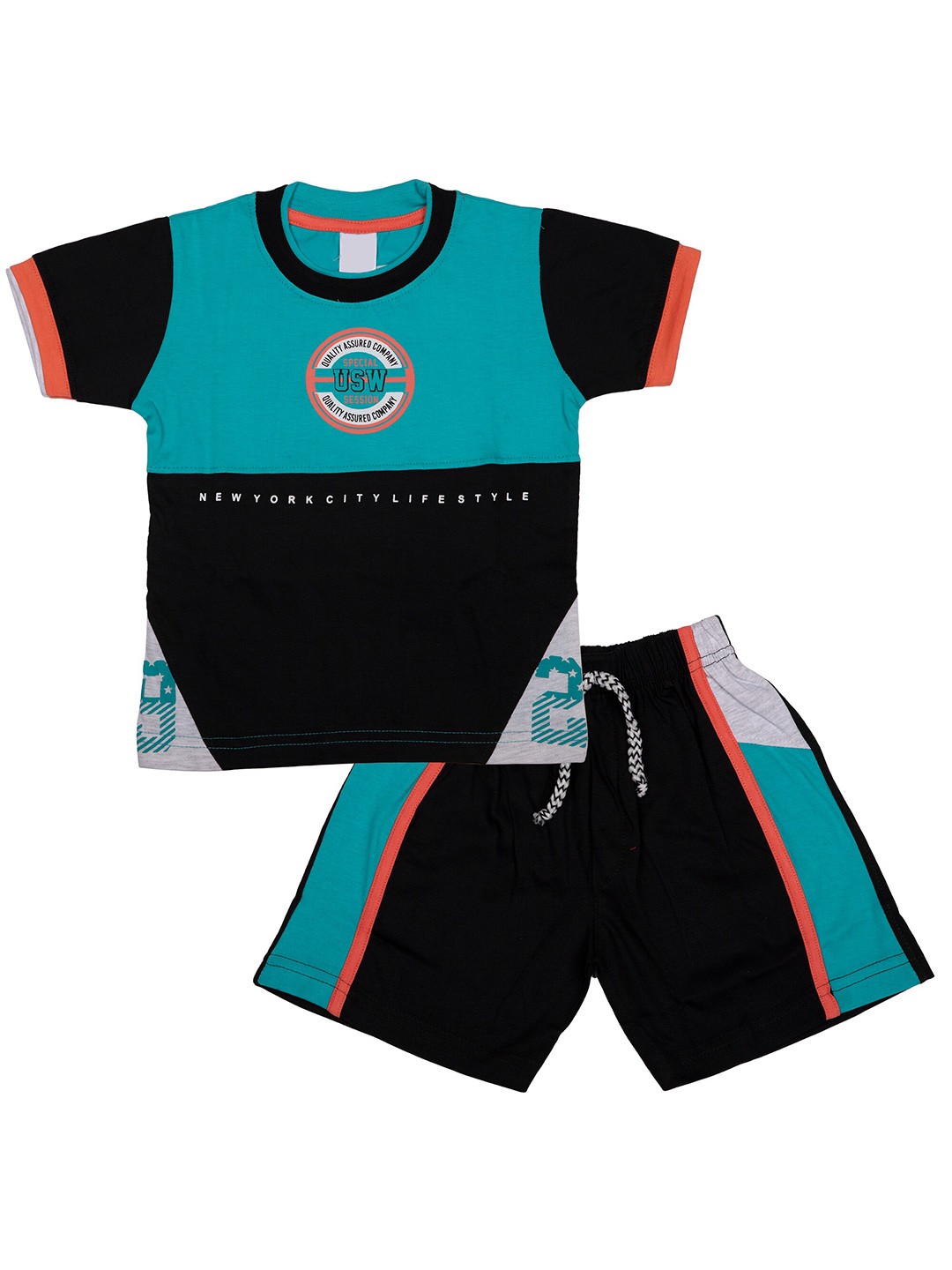 

CELEBRITY CLUB Boys Colourblocked Pure Cotton T-shirt with Shorts, Blue