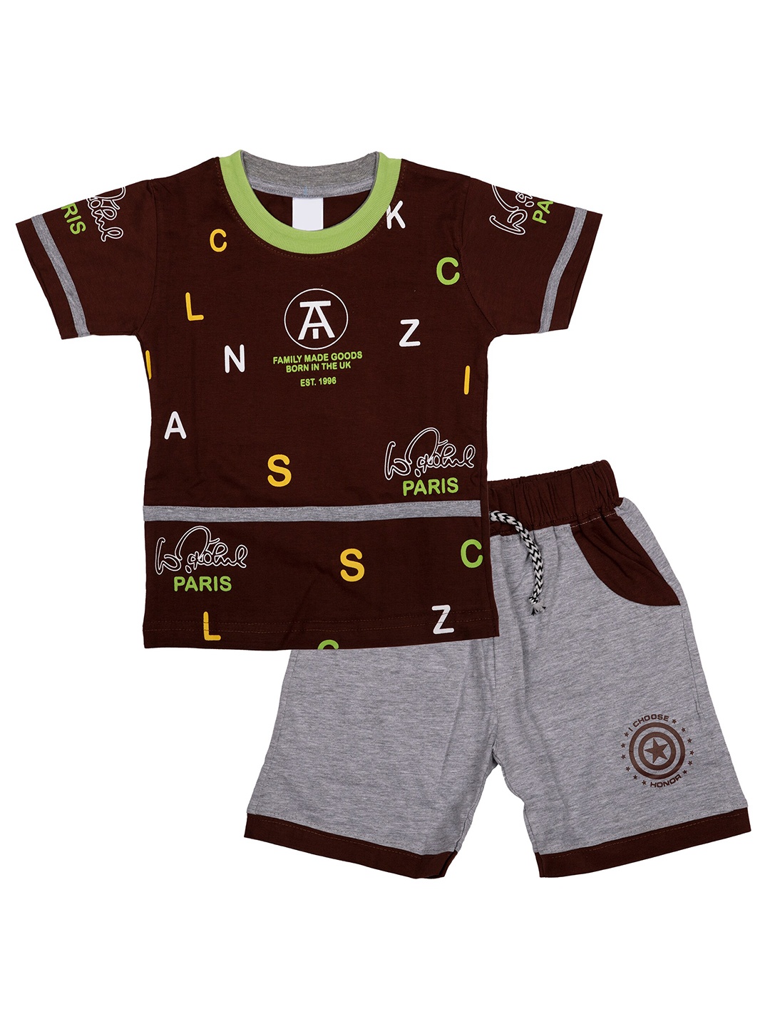 

CELEBRITY CLUB Boys Printed Pure Cotton T-shirt with Shorts, Brown
