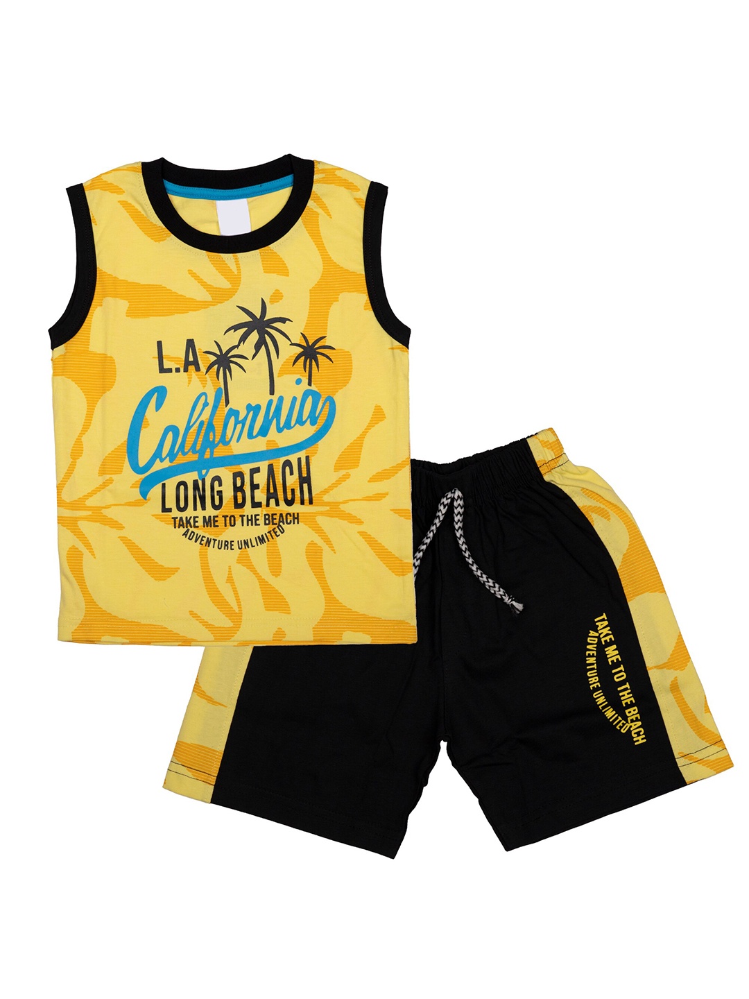 

CELEBRITY CLUB Boys Printed Pure Cotton T-shirt with Shorts, Yellow